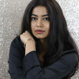 Model Wearing Three Ring Solid Gold Cuff Bangle by Jewelry Lane