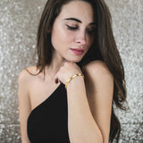 Model Wearing Beautiful Executive Modern Cuff Solid Gold Bangle By Jewelry Lane