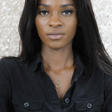 Model Wearing Unique Modern Science Beaker Style Solid Gold Pendant By Jewelry Lane