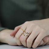 Model Wearing Classic Elegance Double Chevron Cuff Solid Gold Ring By Jewelry Lane