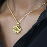 Model Wearing Beautiful Elegant Pretty Flower Solid Gold Pendant By Jewelry Lane