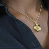 Model Wearing Beautiful Elegant Pretty Flower Solid Gold Pendant By Jewelry Lane