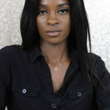 Model Wearing Charming Zodiac Gemini Minimalist Solid Gold Pendant By Jewelry Lane