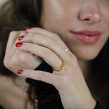 Italian model wearing Beautiful Solid Gold Minimalist Stacker Ring by Jewelry Lane