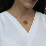 Model Wearing Beautiful Modern Spider Web Solid Gold Pendant By Jewelry Lane