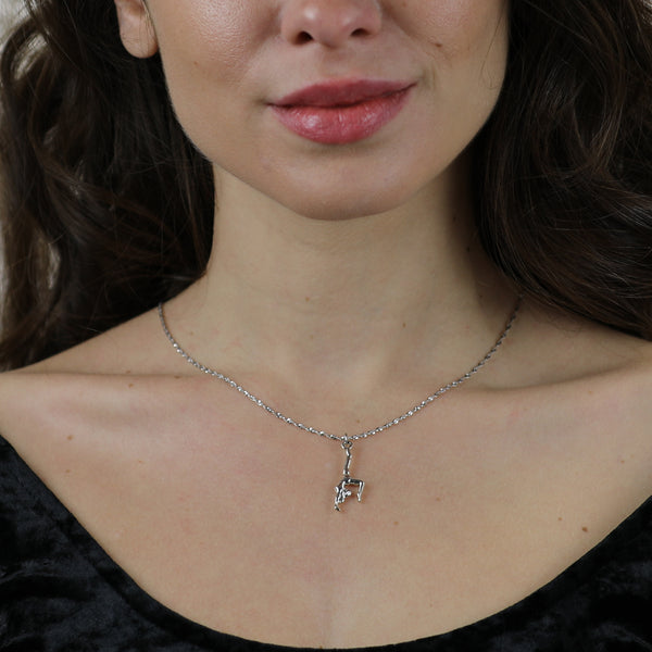 Model Wearing Beautiful Charming Champion Gymnast Solid White Gold Pendant By Jewelry Lane