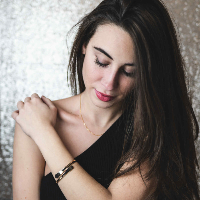 Model Wearing Solid Gold Open Cuff Bangle by Jewelry Lane