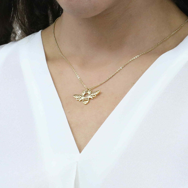 Model Wearing Beautiful Charming Bee Solid Gold Pendant By Jewelry Lane