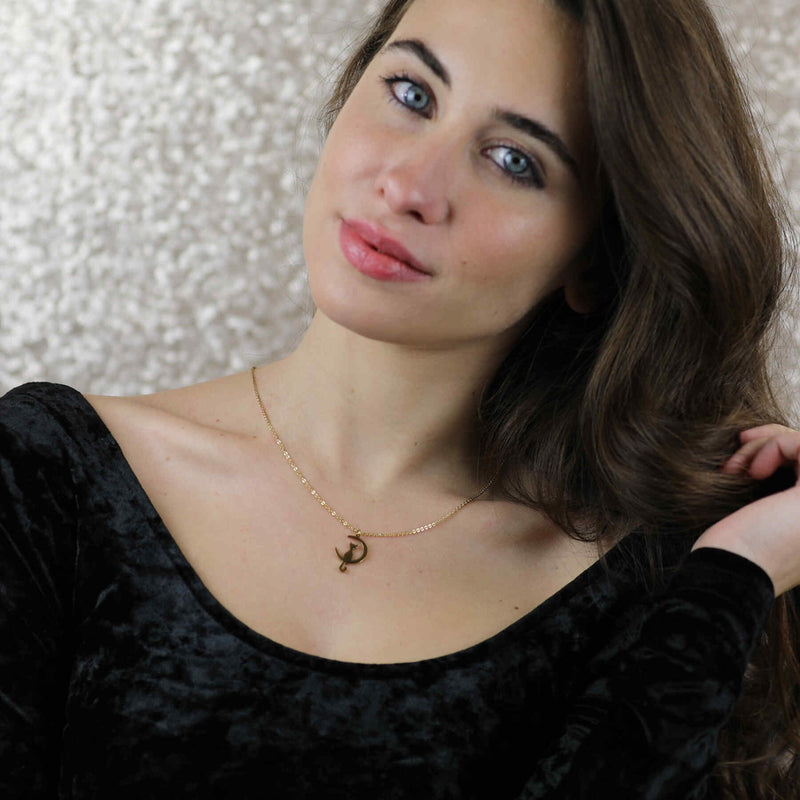 Model Wearing Beautiful Charming Cat Crescent Moon Solid Gold Pendant By Jewelry Lane