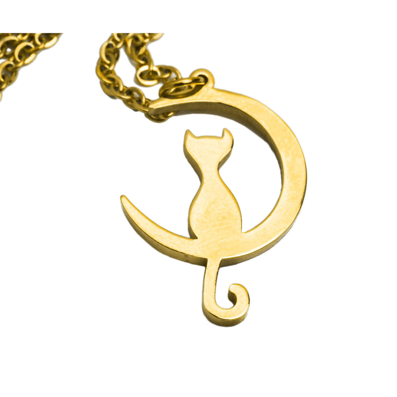 Beautiful Charming Cat Crescent Moon Solid Gold Pendant By Jewelry Lane