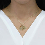 Model Wearing Beautiful Celestial Sun Moon Star Solid Gold Pendant By Jewelry Lane