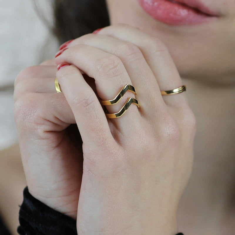 Model Wearing Beautiful Elegant Double Chevron Stacker Solid Gold Ring By Jewelry Lane