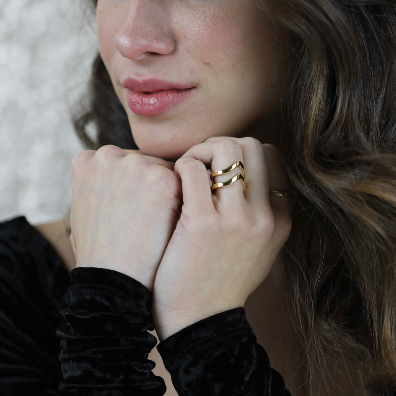 Model Wearing Beautiful Elegant Double Chevron Stacker Solid Gold Ring By Jewelry Lane