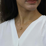 Model Wearing Beautiful Charm Crescent Moon Solid Gold Pendant By Jewelry Lane