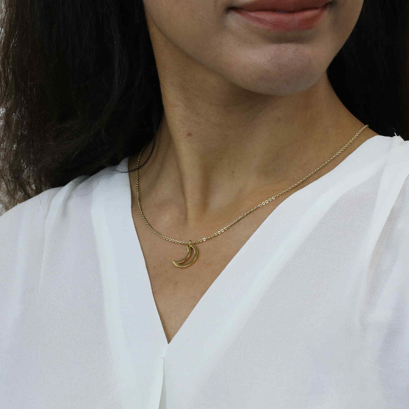 Model Wearing Beautiful Charm Crescent Moon Solid Gold Pendant By Jewelry Lane