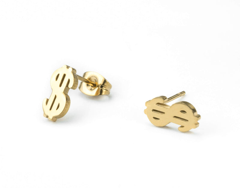 Beautiful Unique Dollar Sign Solid Gold Stud Earrings By Jewelry Lane