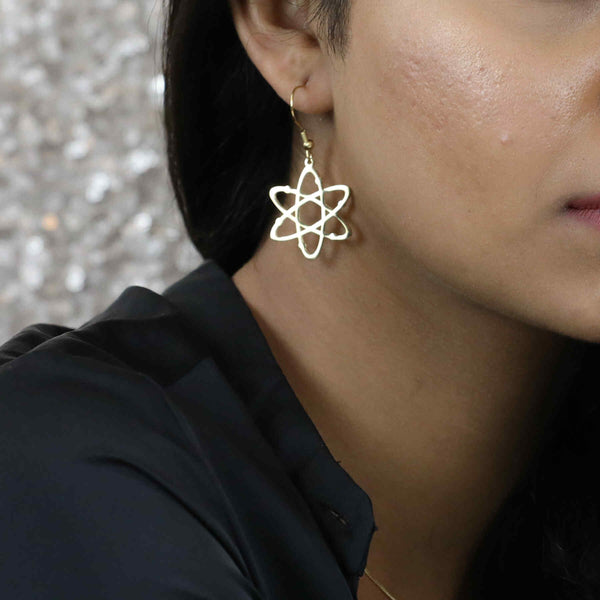 Beautiful Indian model wearing Beautiful Solid Gold Atomic Earrings by Jewelry Lane