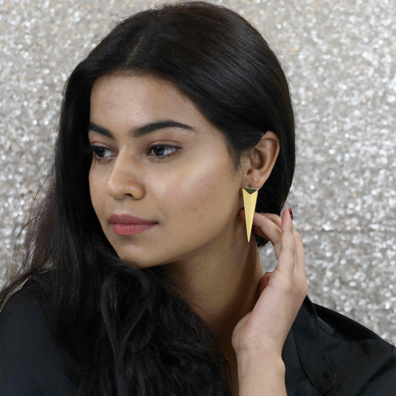 Indian model wearing Beautiful Solid Gold Geometric Pyramid Earrings by Jewelry Lane