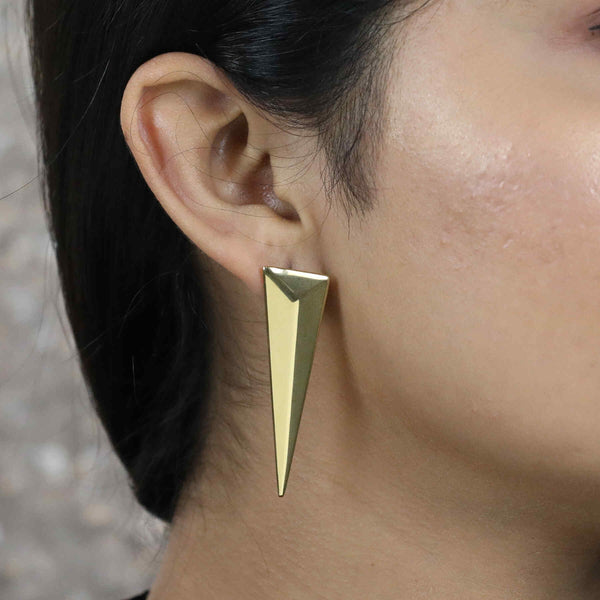 Indian model wearing Beautiful Solid Gold Geometric Pyramid Earrings by Jewelry Lane