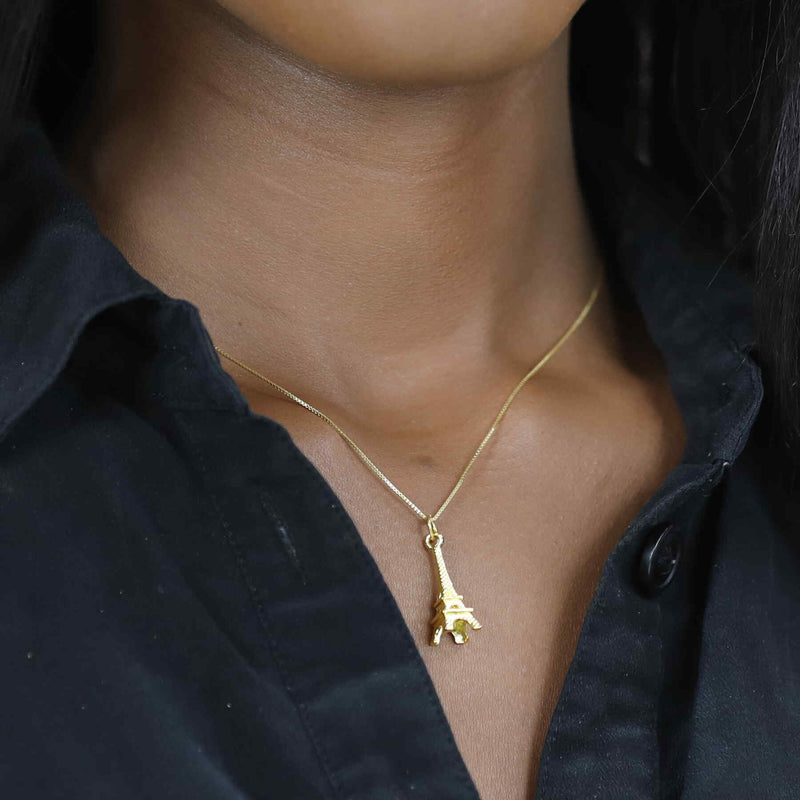 Model Wearing Elegant Unique The Eiffel Tower Design Solid Gold Pendant By Jewelry Lane