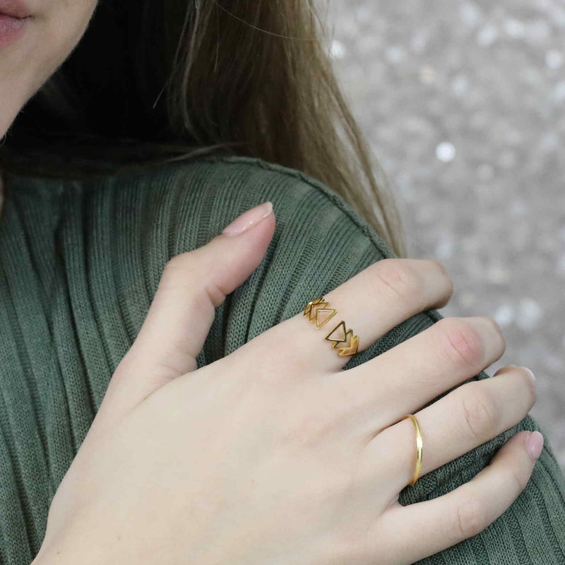 Model Wearing Elegant Beautiful Fast Forward Stacker Solid Gold Ring By Jewelry Lane
