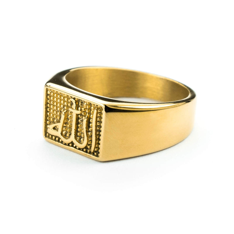 Elegant Religious Allah Embellished Flat Top Solid Gold Ring By Jewelry Lane