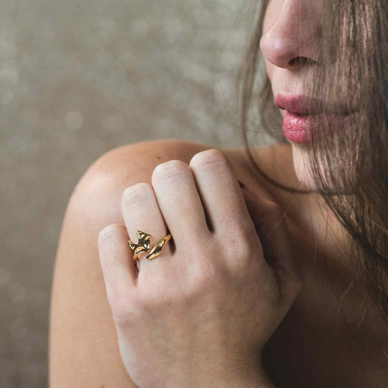 Model Wearing Beautiful Charming Fox Solid Gold Ring By Jewelry Lane