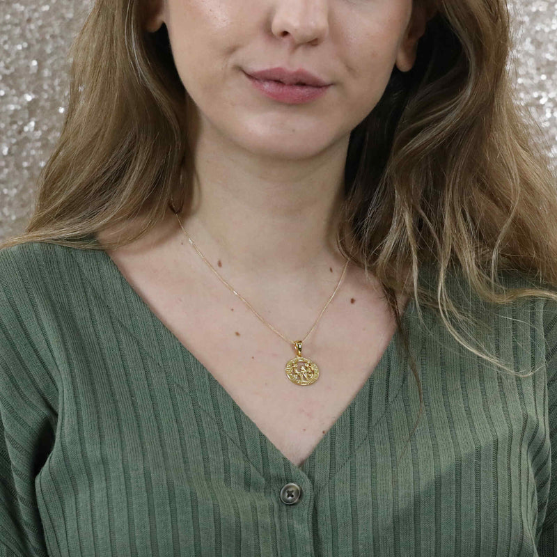 Model Wearing Beautiful Zodiac Gemini Solid Gold Pendant By Jewelry Lane