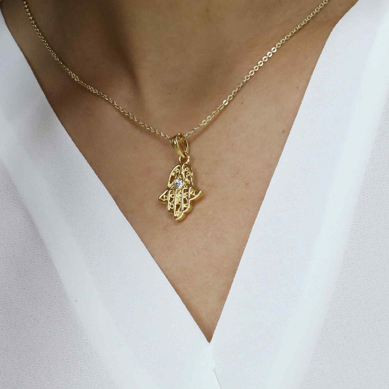 Model Wearing Elegant Unique Hamsa Diamond Solid Gold Pendant By Jewelry Lane