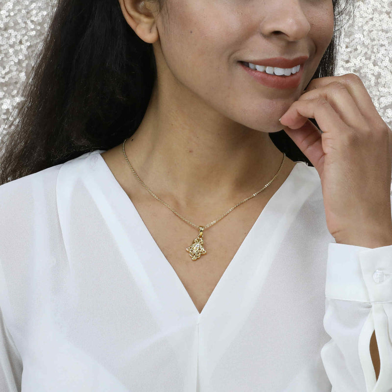 Model Wearing Elegant Unique Hamsa Diamond Solid Gold Pendant By Jewelry Lane