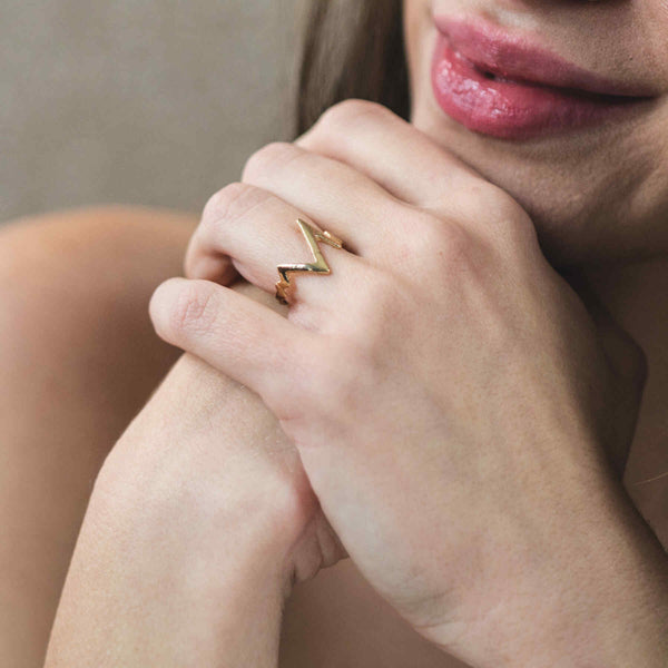 Model Wearing Exquisite Modern Heartbeat Solid Gold Ring By Jewelry Lane