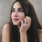 Model Wearing Exquisite Modern Heartbeat Solid Gold Ring By Jewelry Lane