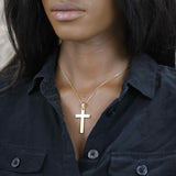 Model Wearing Elegant Religious Jesus Cross Solid Gold Pendant By Jewelry Lane