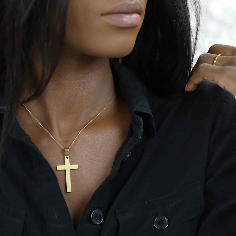Model Wearing Elegant Religious Jesus Cross Solid Gold Pendant By Jewelry Lane