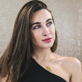 Canadian Italian Model Wearing Elegant Unique Missouri State Design Solid Gold Pendant By Jewelry Lane