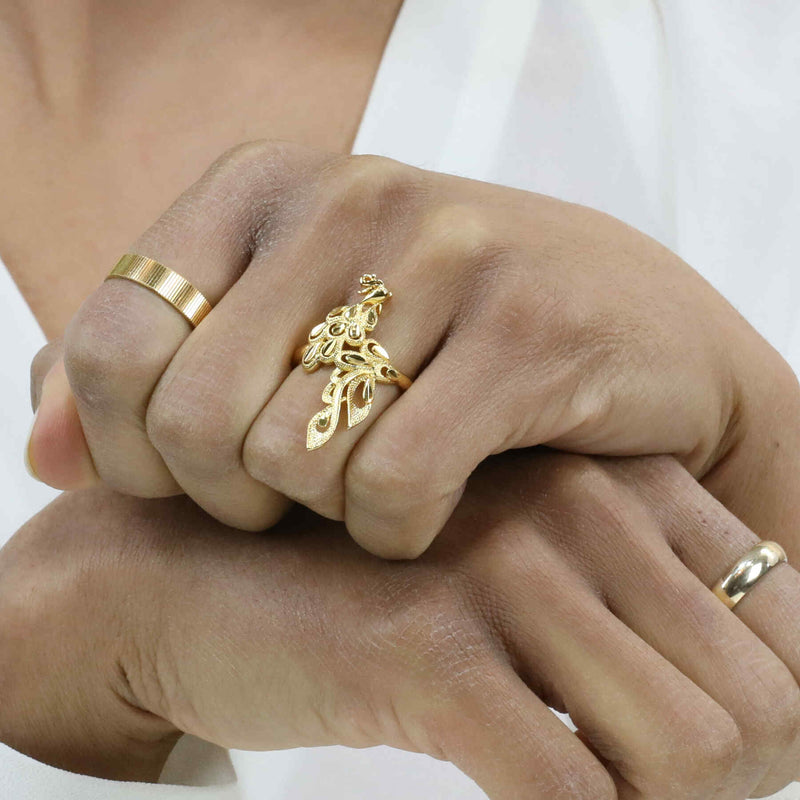 Model Wearing Elegant Phoenix Solid Gold Ring By Jewelry Lane