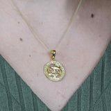 Model Wearing Beautiful Zodiac Pisces Solid Gold Pendant By Jewelry Lane