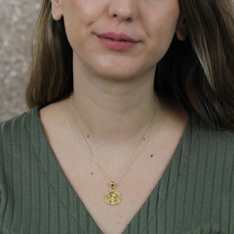 Model Wearing Beautiful Zodiac Pisces Solid Gold Pendant By Jewelry Lane