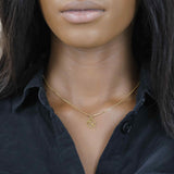 Model Wearing Charming Zodiac Sagittarius Minimalist Solid Gold Pendant By Jewelry Lane