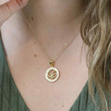 Model Wearing Beautiful Zodiac Scorpio Solid Gold Pendant By Jewelry Lane