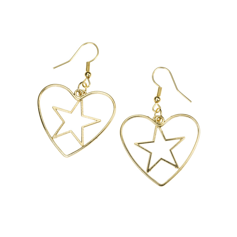 Beautiful Classic Star In Heart Drop Solid Gold Earrings By Jewelry Lane