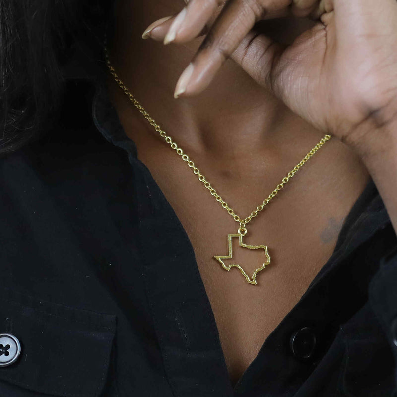 Model Wearing Beautiful Unique Texas State Design Solid Gold Pendant By Jewelry Lane