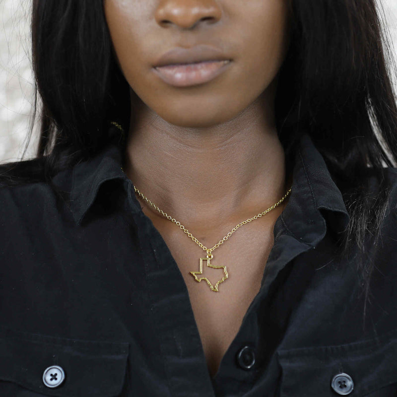 Model Wearing Beautiful Unique Texas State Design Solid Gold Pendant By Jewelry Lane