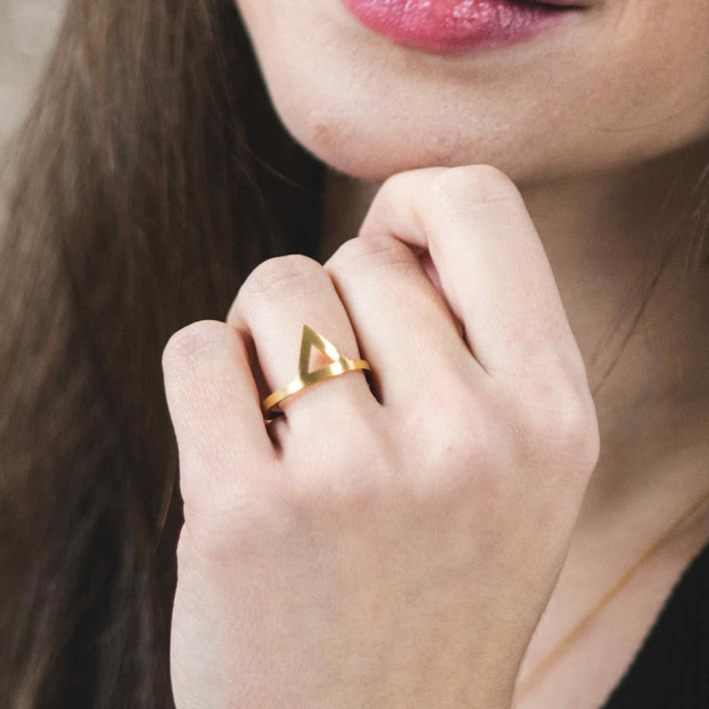 Model wearing Beautiful Stylish Triangle Wrap Open Cuff Solid Gold Ring By Jewelry Lane