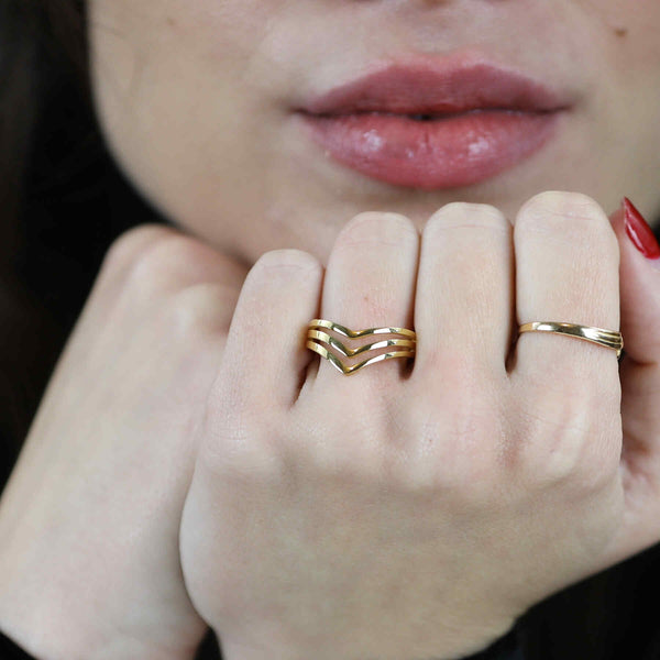 Model Wearing Elegant Unique Triple Chevron Stacker Solid Gold Ring By Jewelry Lane