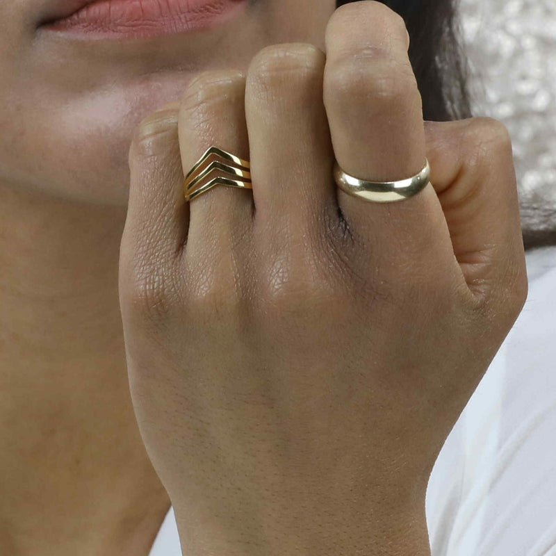 Model Wearing Elegant Unique Triple Chevron Stacker Solid Gold Ring By Jewelry Lane