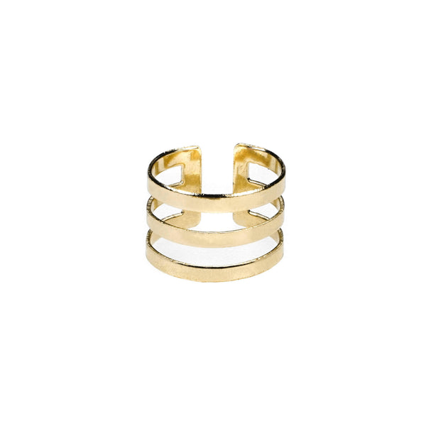Elegant Unique Triple Line Flat Cuff Solid Gold Ring By Jewelry Lane