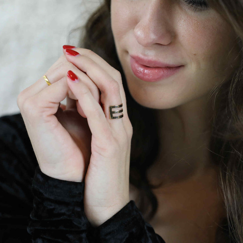 Model Wearing Elegant Unique Triple Line Flat Cuff Solid Gold Ring By Jewelry Lane