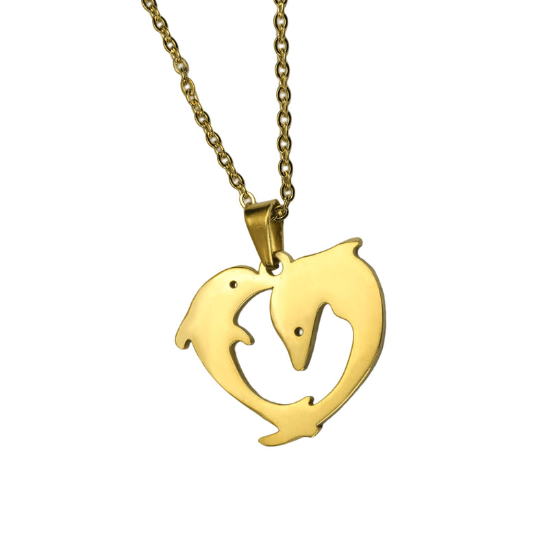 Elegant Twin Dolphin Heart Solid Gold Pendant By Jewelry Lane