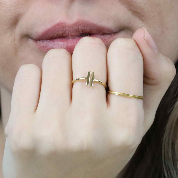 Model Wearing Elegant Modern Two Bar Stacker Solid Gold Ring BY Jewelry Lane